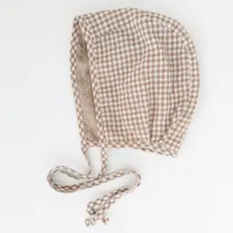 Tan Gingham Reversible Danish Bonnet: 6-12mos