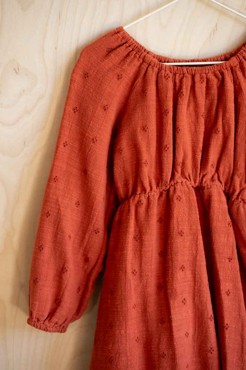 Rust Eyelet Long Sleeve Dress: 4T