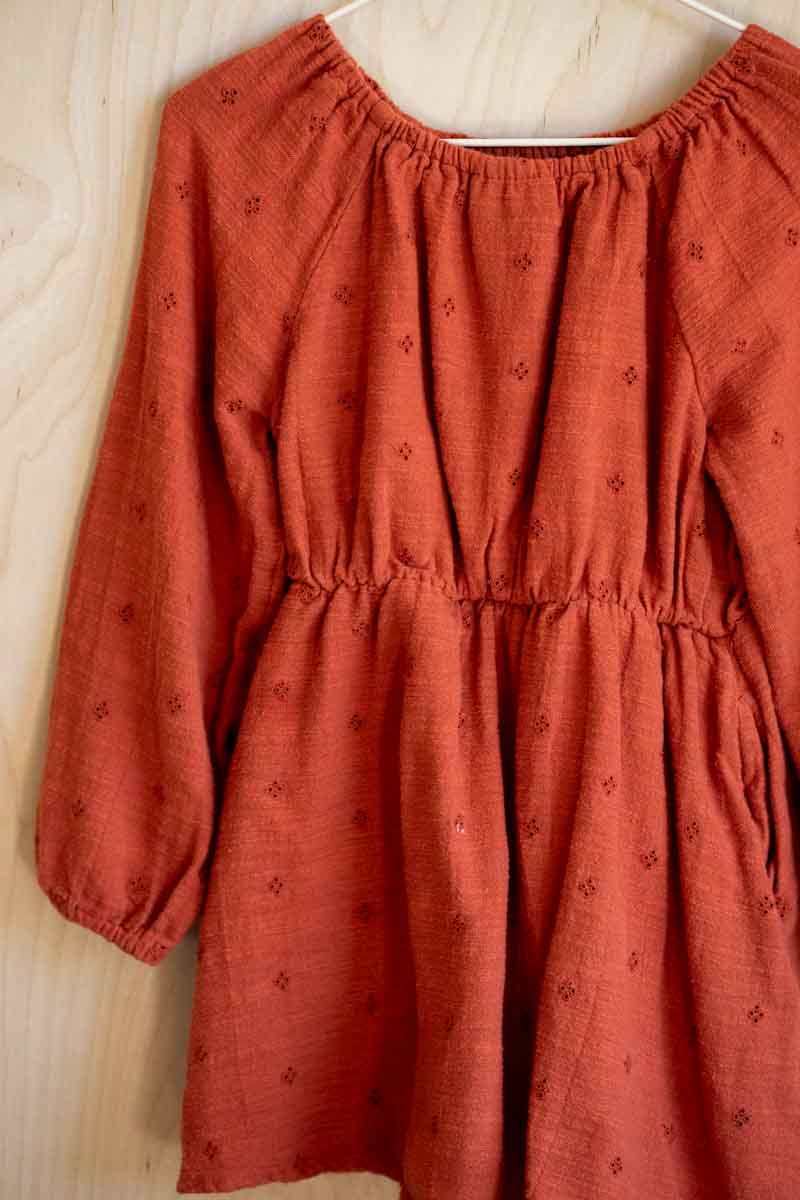 Rust Eyelet Long Sleeve Dress: 4T