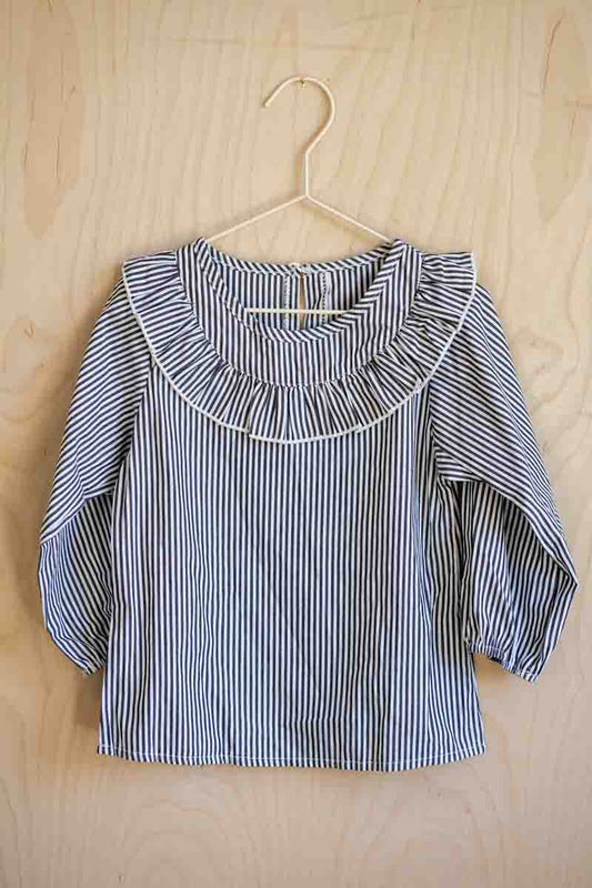 Grey Striped Ruffled Collar Blouse: 6yr