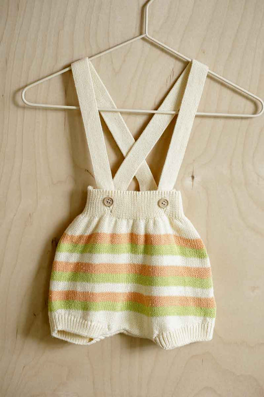 Cream Organic Knit Striped Suspender Bloomers: 3-6mos