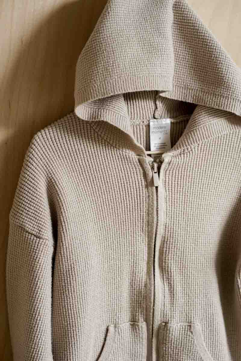 Beige Waffle Zipper Hoodie: 5yr