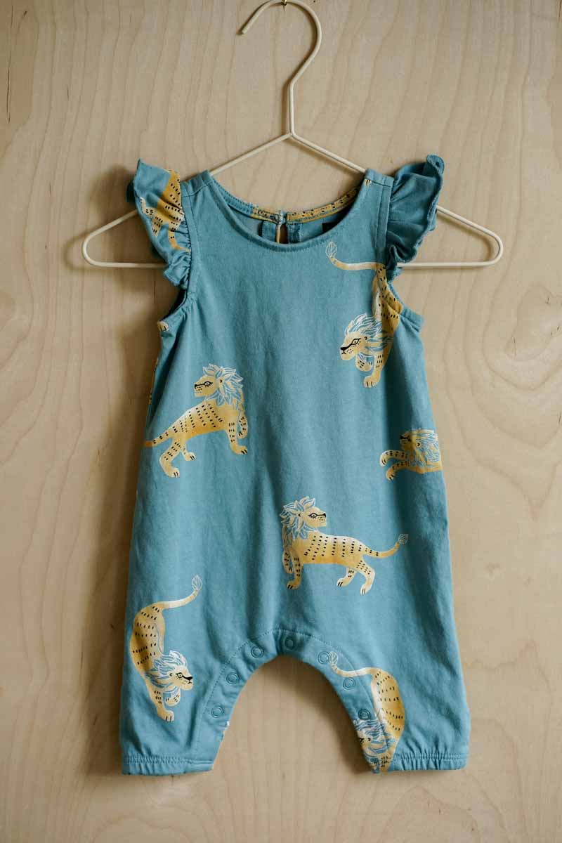 Teal Blue Lion Romper: 0-3mos