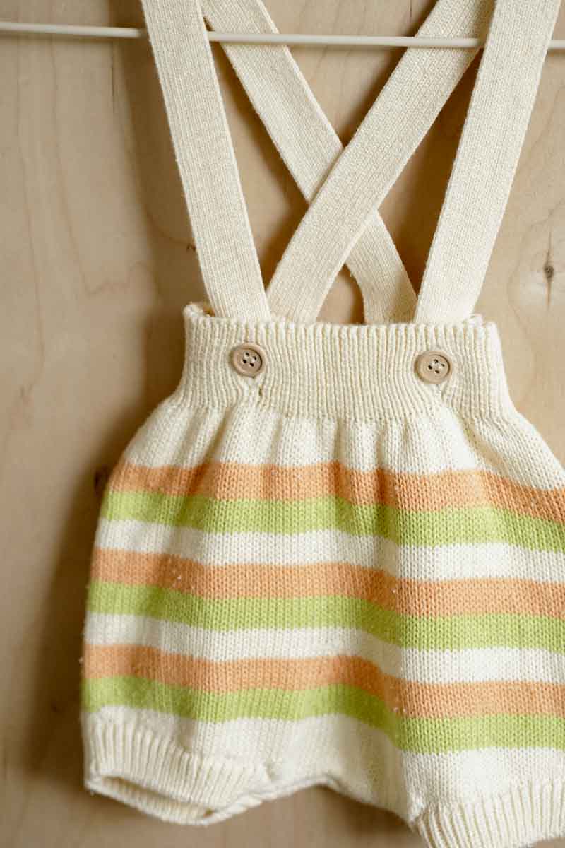 Cream Organic Knit Striped Suspender Bloomers: 3-6mos