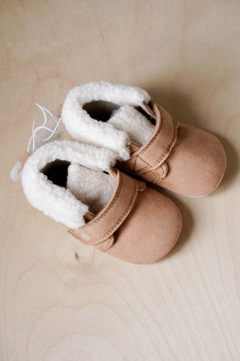 Tan Faux Sherpa Winter Booties: 6-12mos