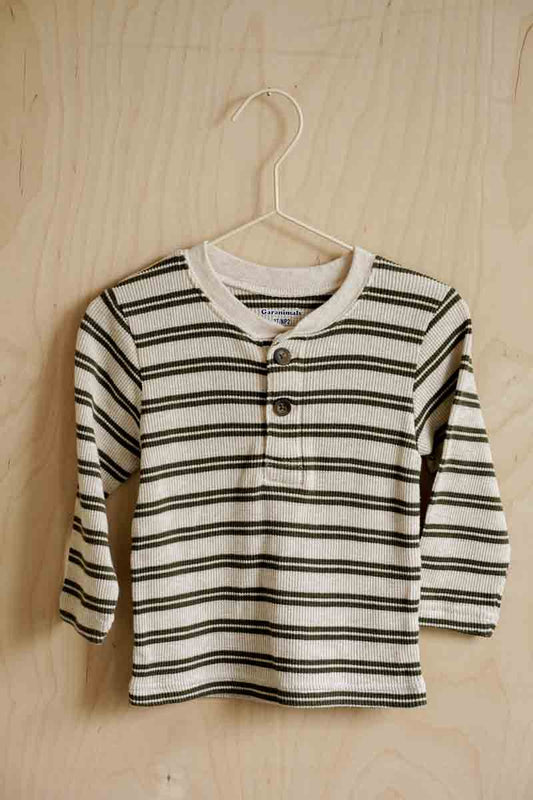 Beige & Green Striped Waffle Henley: 2T