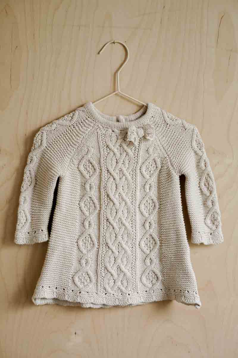 Beige Thick Cable Knit Dress: 3-6mos