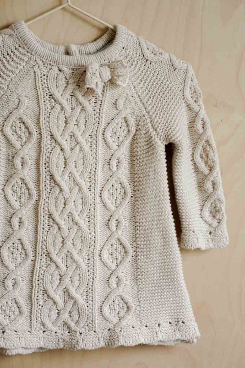 Beige Thick Cable Knit Dress: 3-6mos