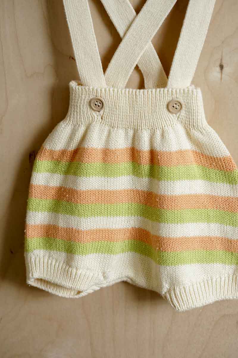 Cream Organic Knit Striped Suspender Bloomers: 3-6mos