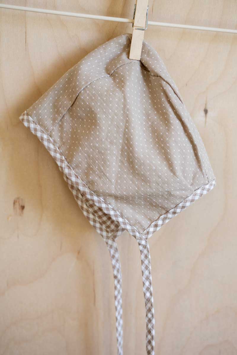 Tan Gingham Reversible Danish Bonnet: 6-12mos