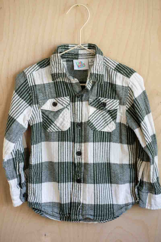 Green Plaid Button Shirt: 2T