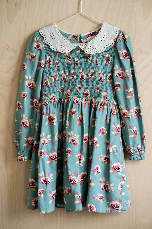 Teal Long Sleeve Floral Collared Dress: 4T