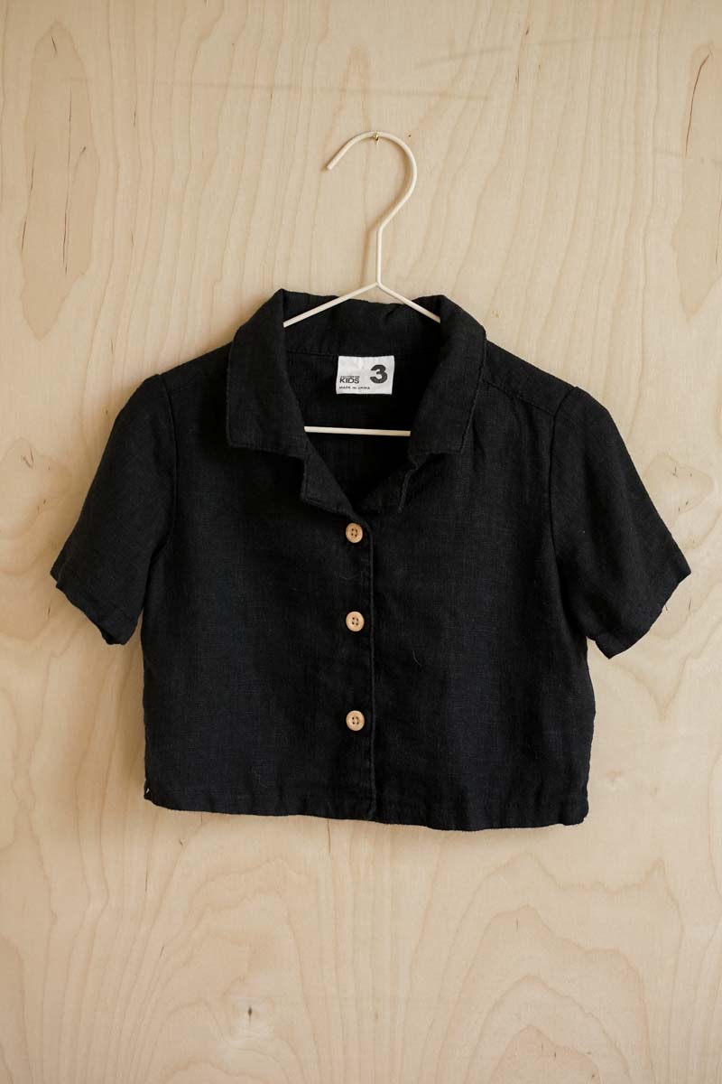 Black Linen Blend Short Sleeve Shirt: 3T