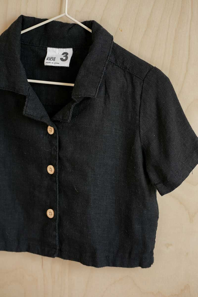 Black Linen Blend Short Sleeve Shirt: 3T