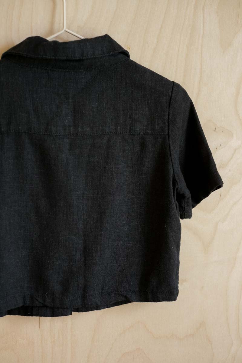 Black Linen Blend Short Sleeve Shirt: 3T