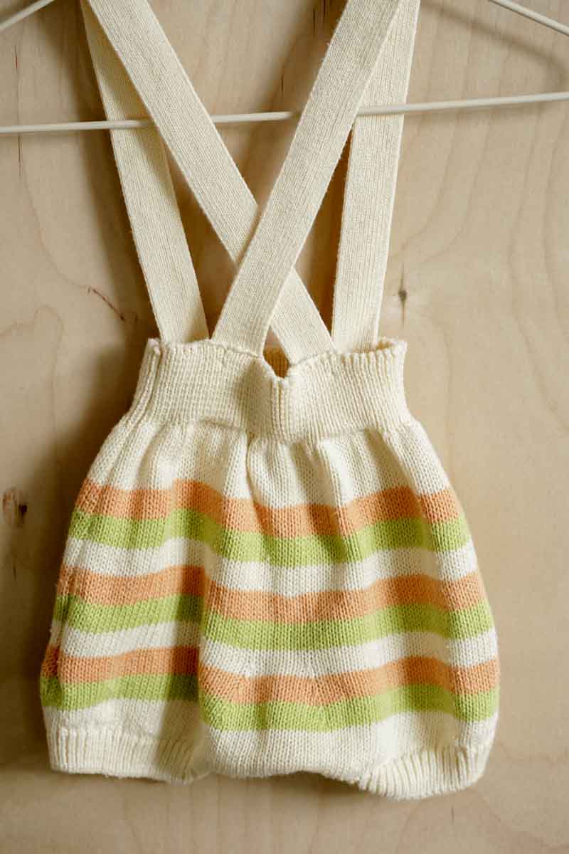 Cream Organic Knit Striped Suspender Bloomers: 3-6mos