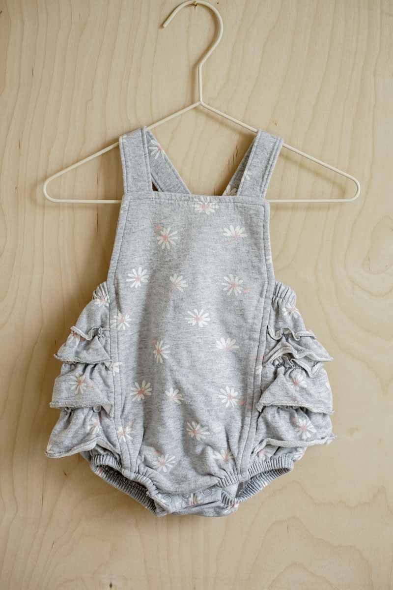 Grey Floral Terry Summer Romper: 3-6mos