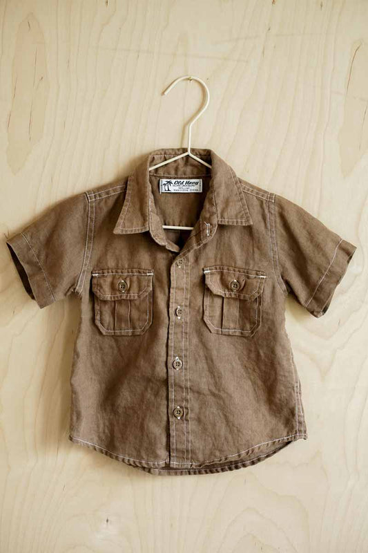 Brown Linen Short Sleeve Shirt: 12-18mos