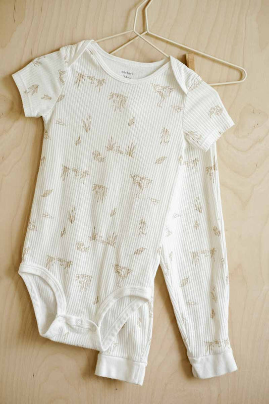 Cream Ribbed Goose Bodysuit & Pants Set: 24mos