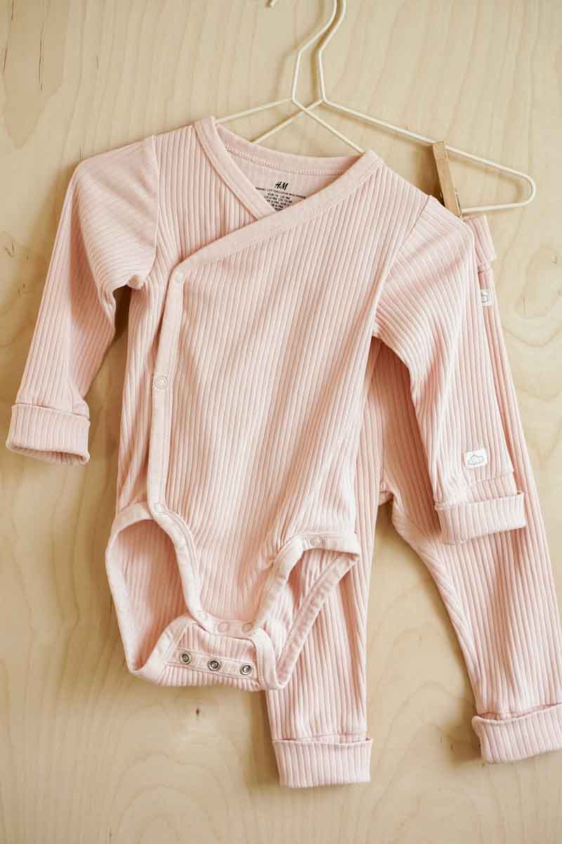 Pink Organic Ribbed Kimono Bodysuit & Pants Set: 9mos