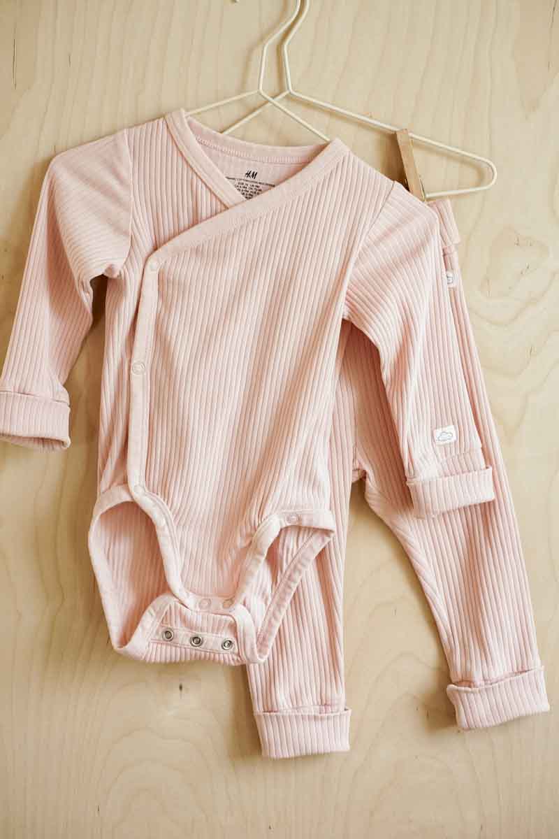 Pink Organic Ribbed Kimono Bodysuit & Pants Set: 9mos