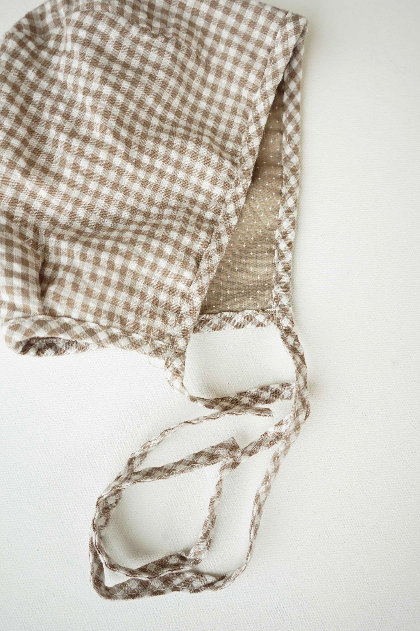 Tan Gingham Reversible Danish Bonnet: 6-12mos