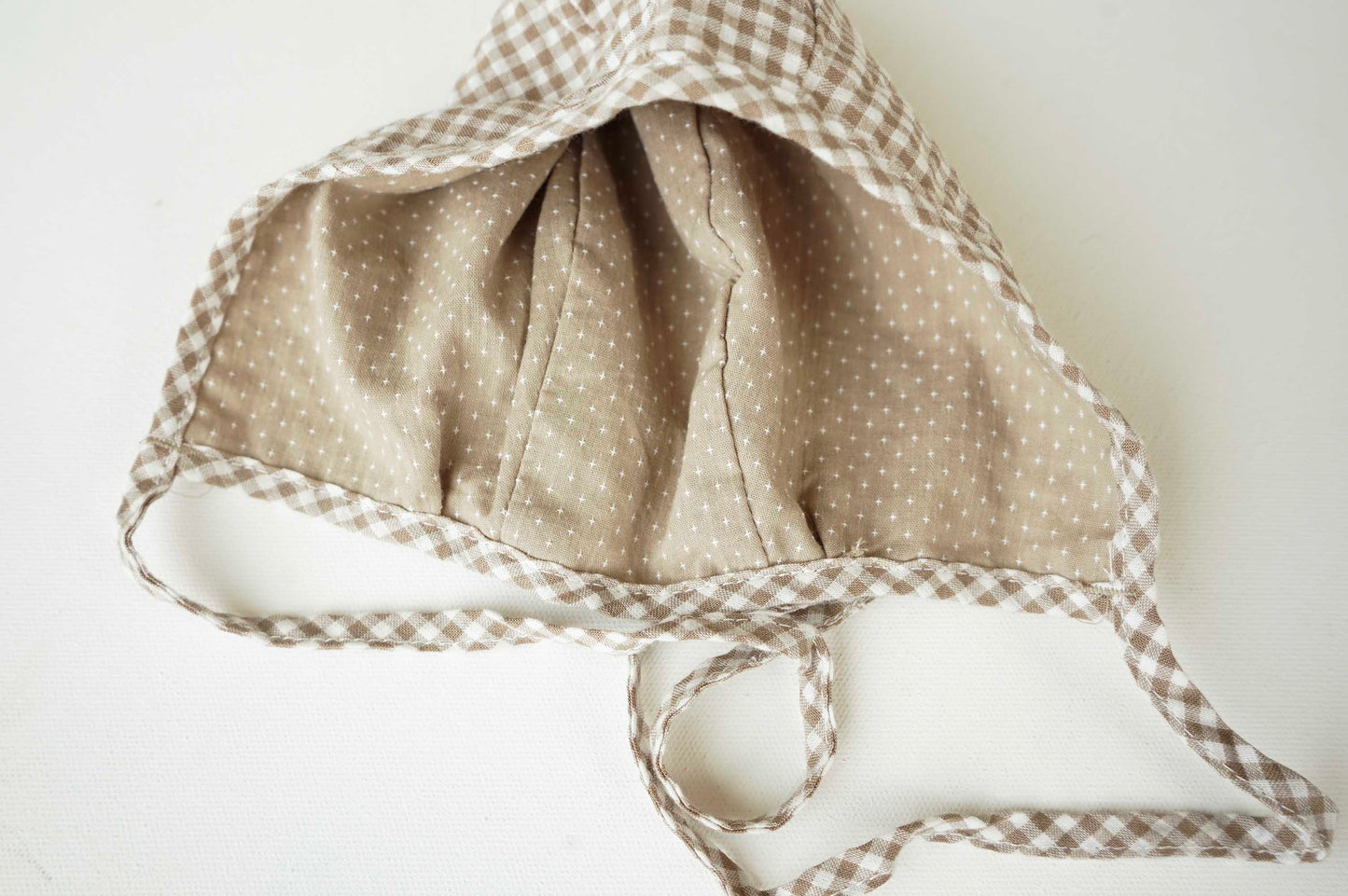 Tan Gingham Reversible Danish Bonnet: 6-12mos